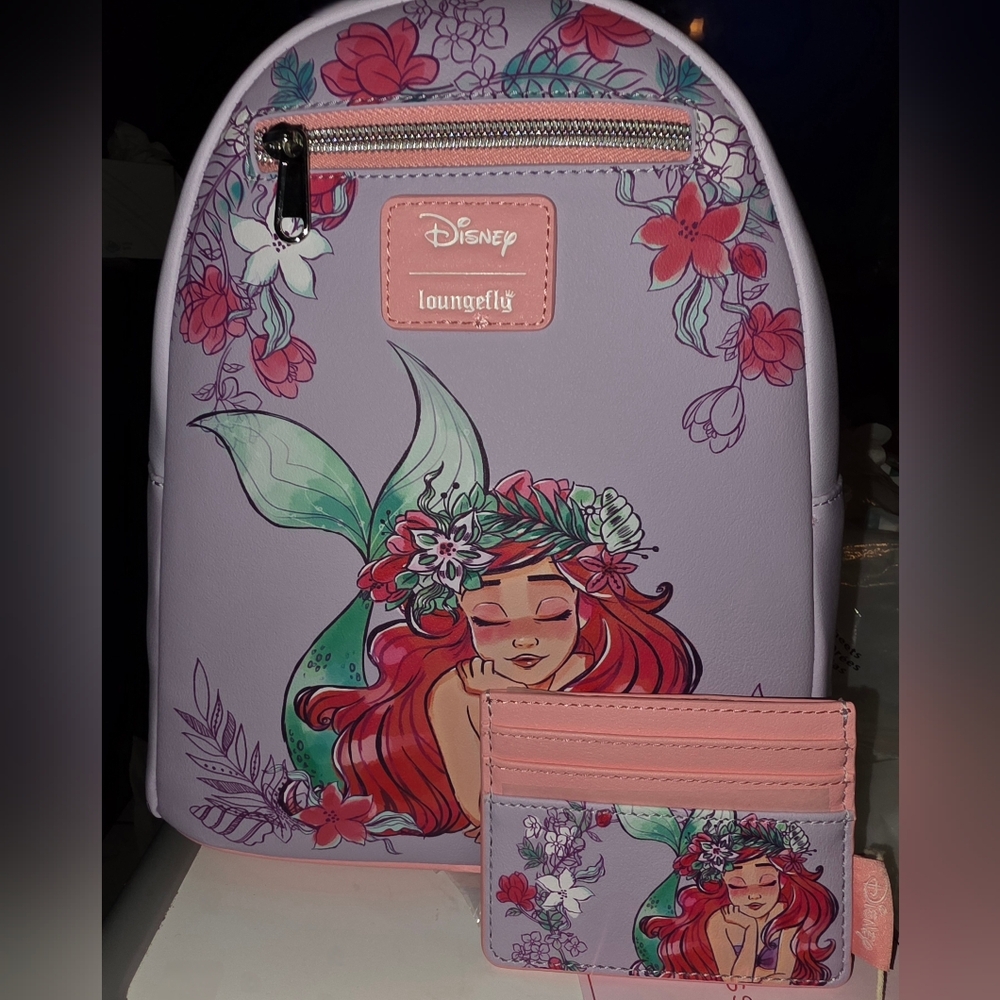 New! Loungefly Disney The Little Mermaid Floral Dream Mini Backpack + CARDHOLDER